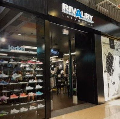 Retail shopfit for Rivalry Urbanwear with glass shelving and display walls